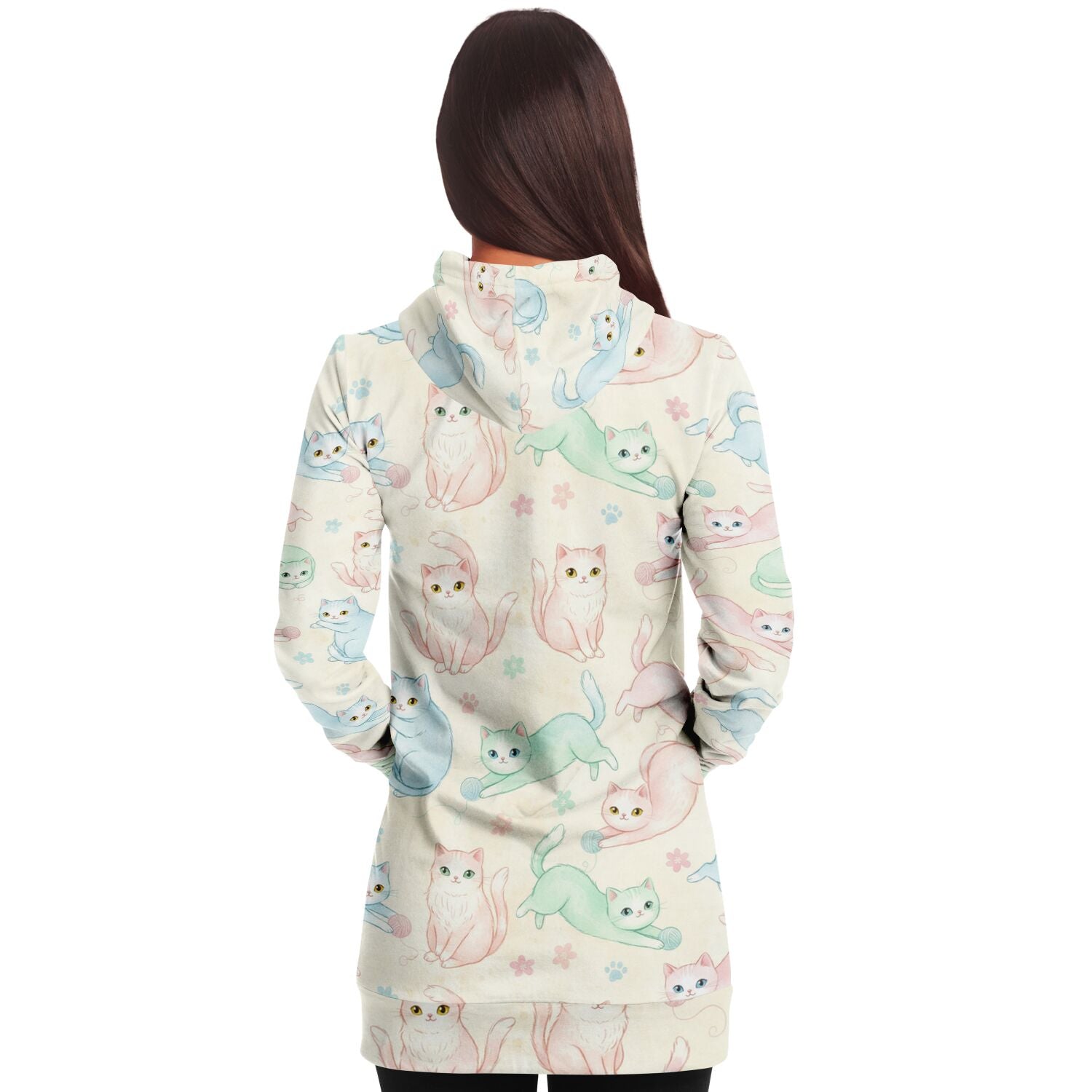 Cattickle™ Longline Hoodie — Pastel Cat Pattern