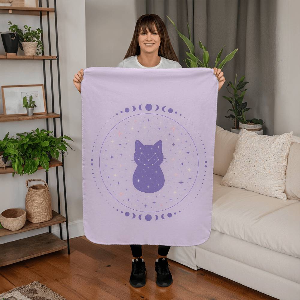 Moonlit Constellation Cat — Sherpa Fleece Blanket (Lilac)